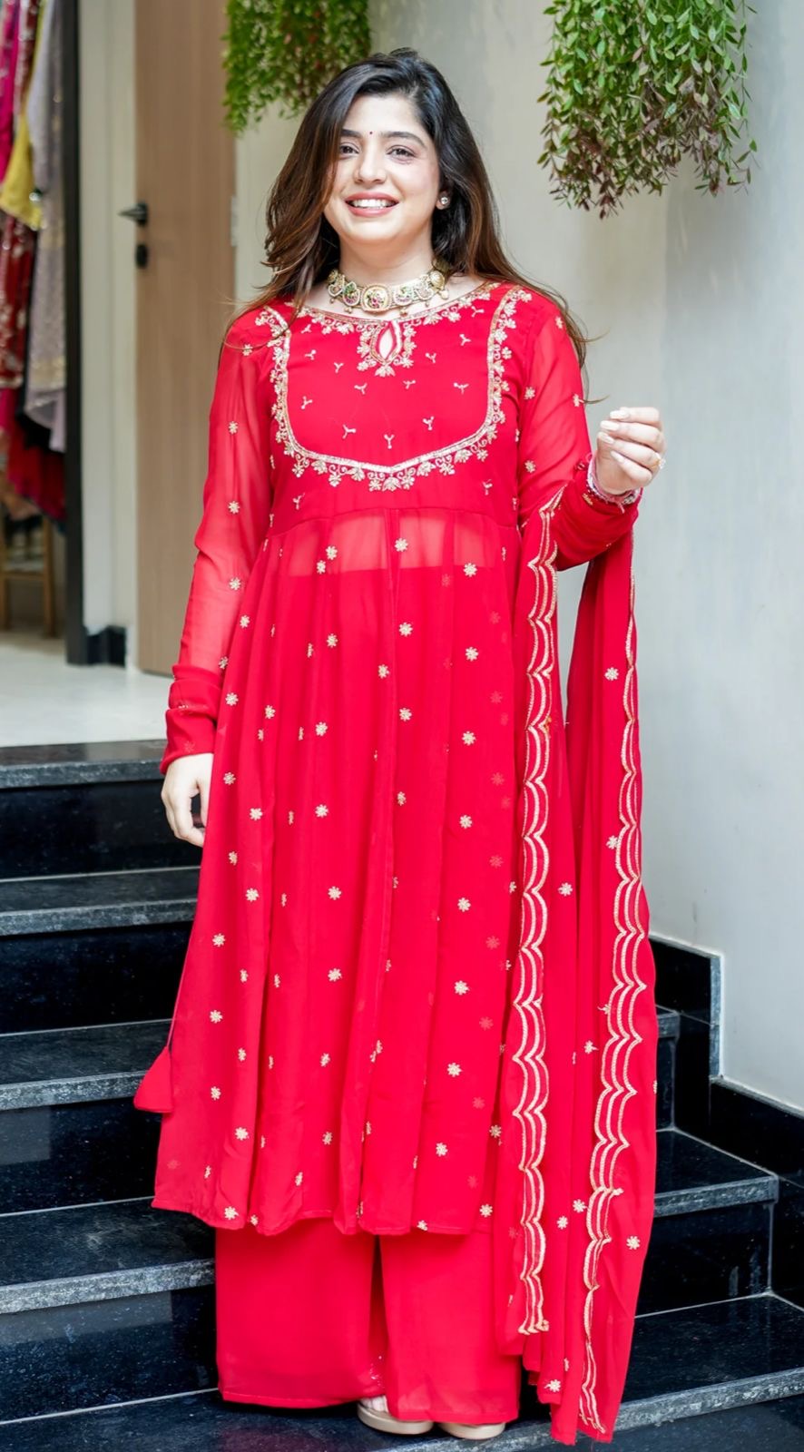Red Designer Partywear Georgette Anarkali Suit With Hand Work