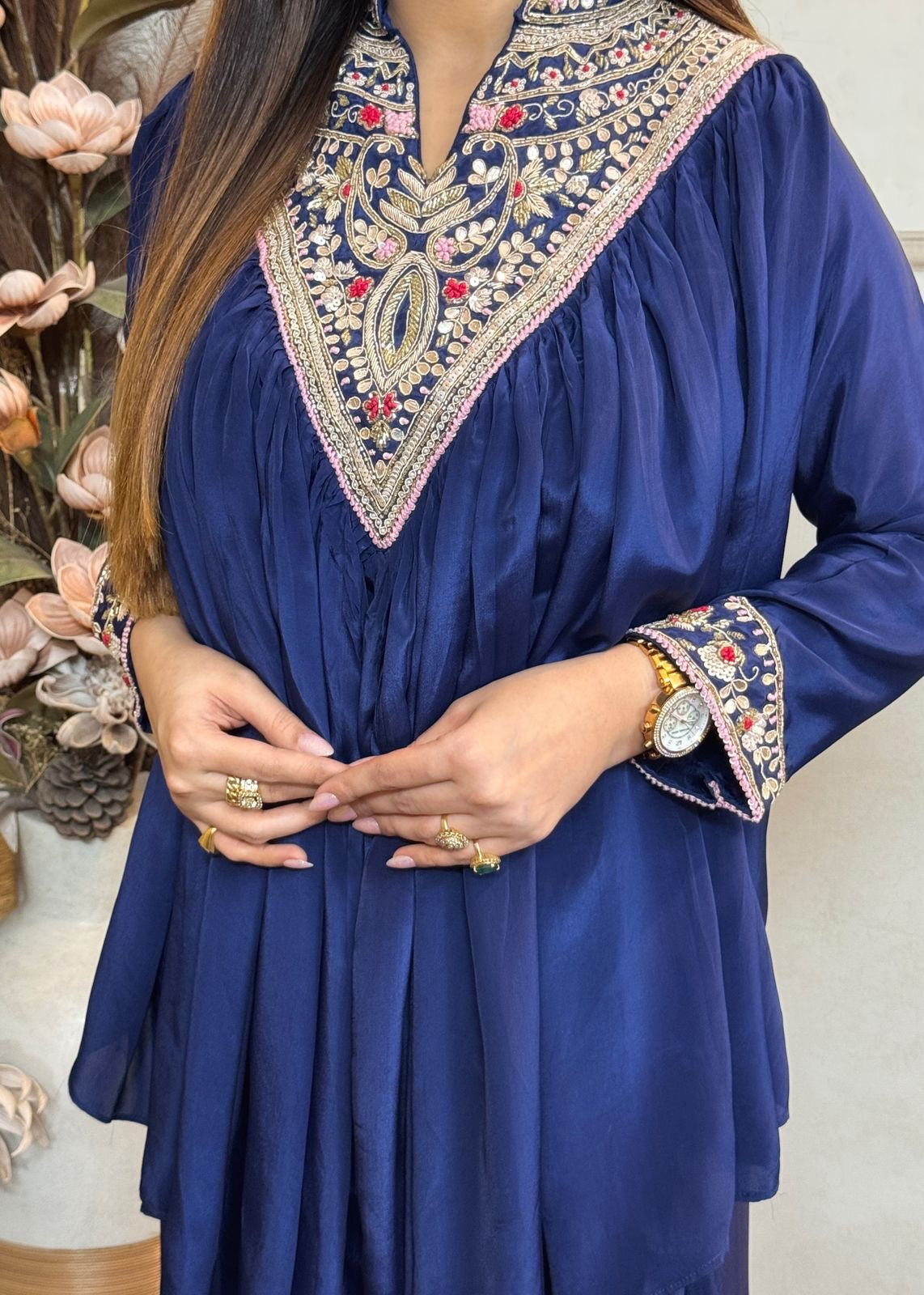 Navy Blue Pure Crepe Peplum Top With Dhoti Skirt
