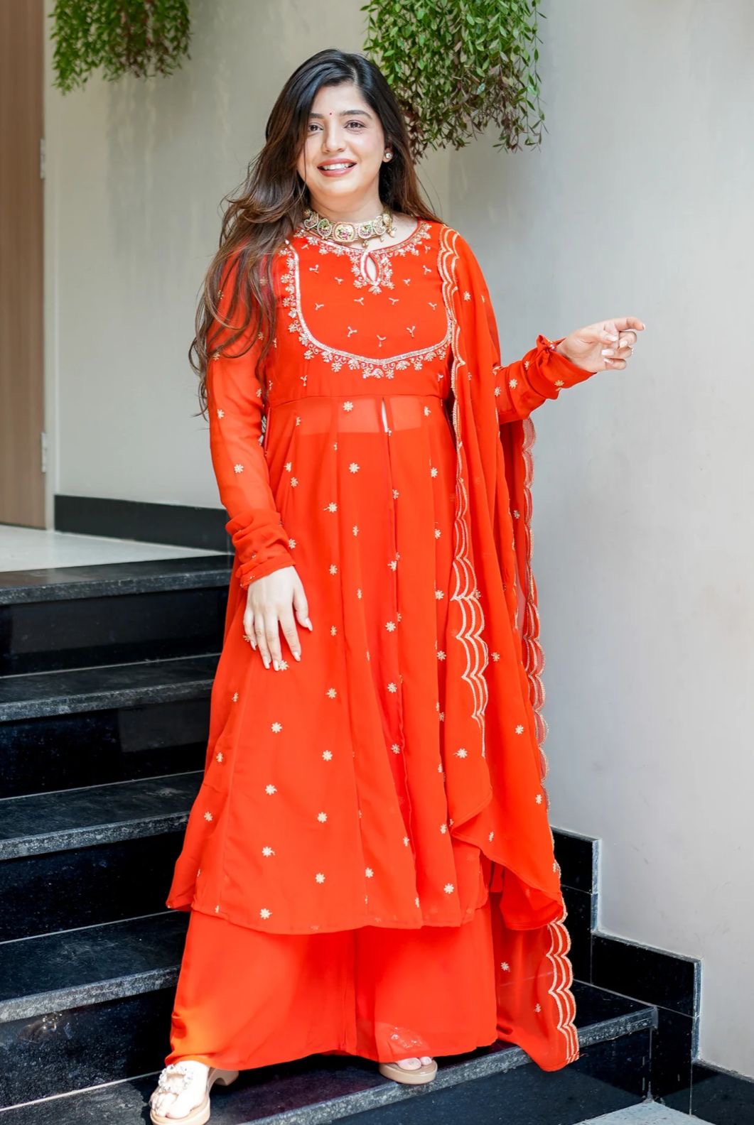 Orange Designer Partywear Georgette Anarkali Suit With Hand Work