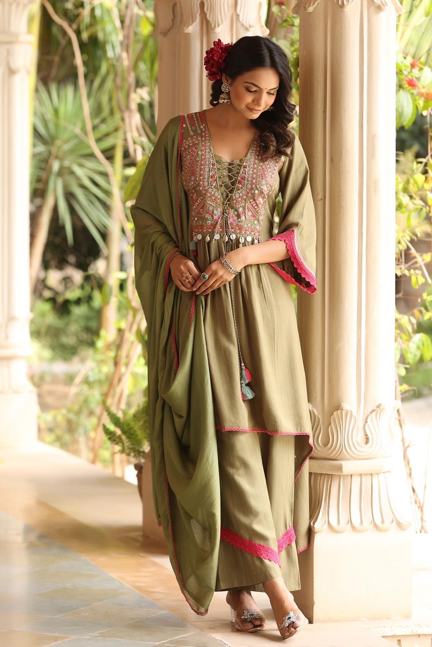 Mehendi Green Pure Mul Cotton Hi-Lo Salwar Suit