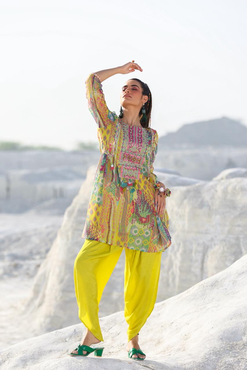 Yellow Printed Chiffon Suit With Tulip Pants