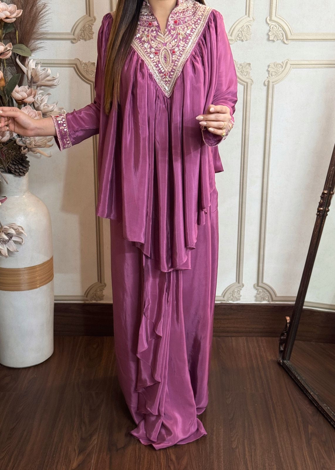Rose Mauve Pure Crepe Peplum Top With Dhoti Skirt