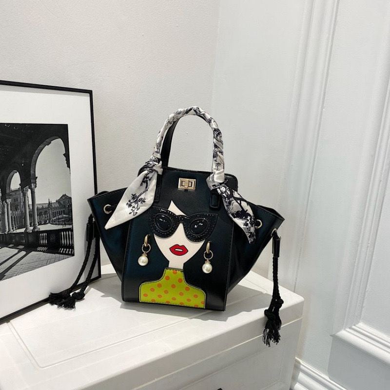 Imported Designer Diva Crossbody Handbag with Graffiti and Silk Scarf