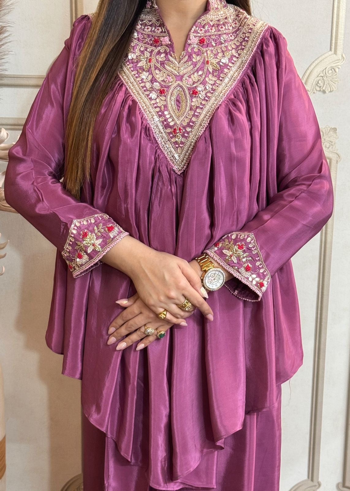 Rose Mauve Pure Crepe Peplum Top With Dhoti Skirt