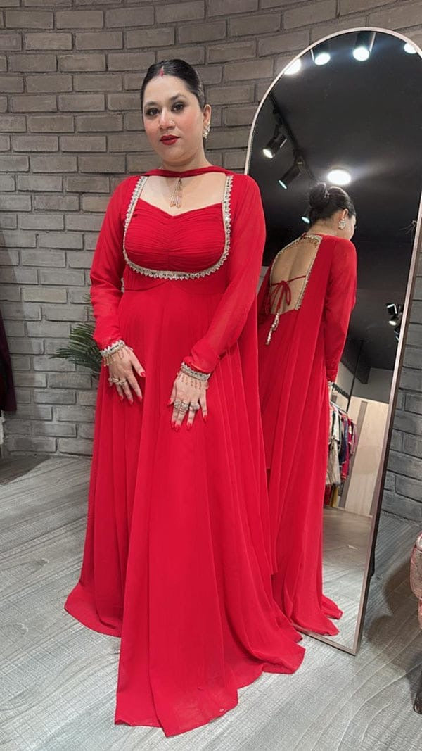 Red Designer Partywear Georgette Anarkali Suit With Lace Detailing & Tassels