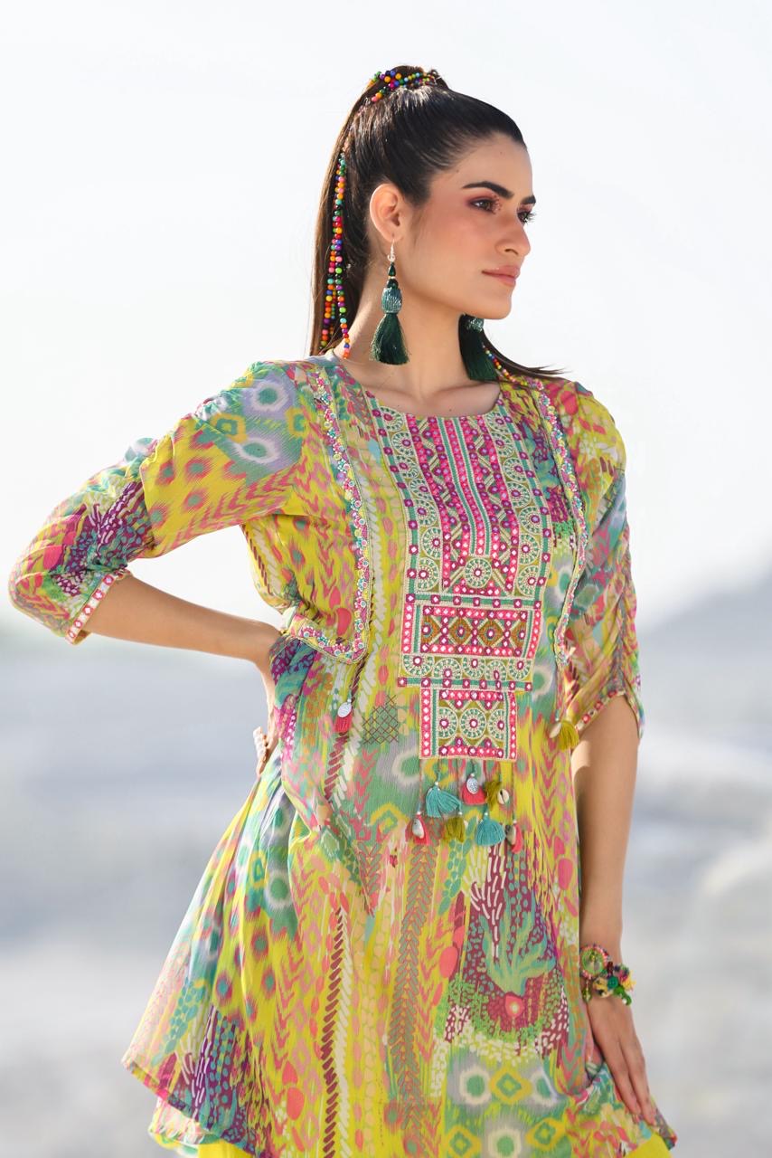 Yellow Printed Chiffon Suit With Tulip Pants