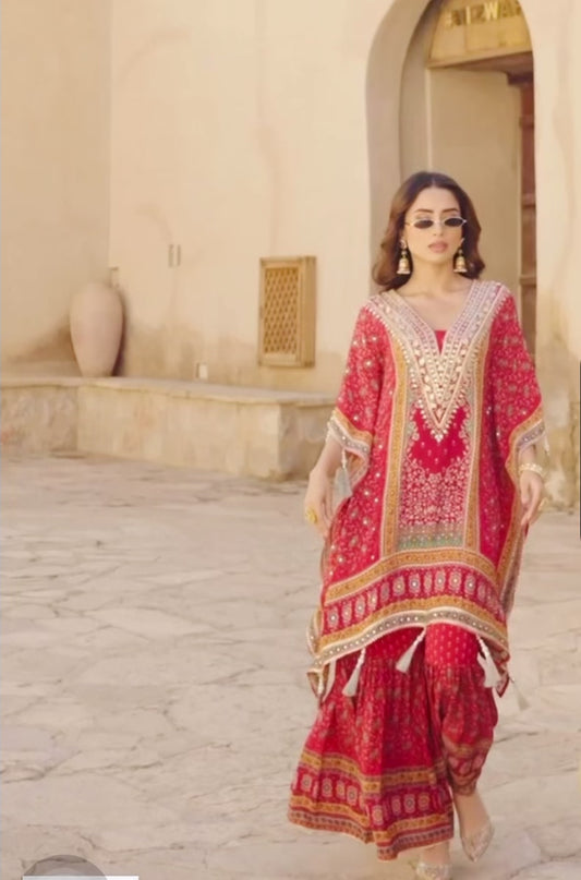 Designer Printed Crepe Kaftan with Gota Patti And Mirror Work With Sharara