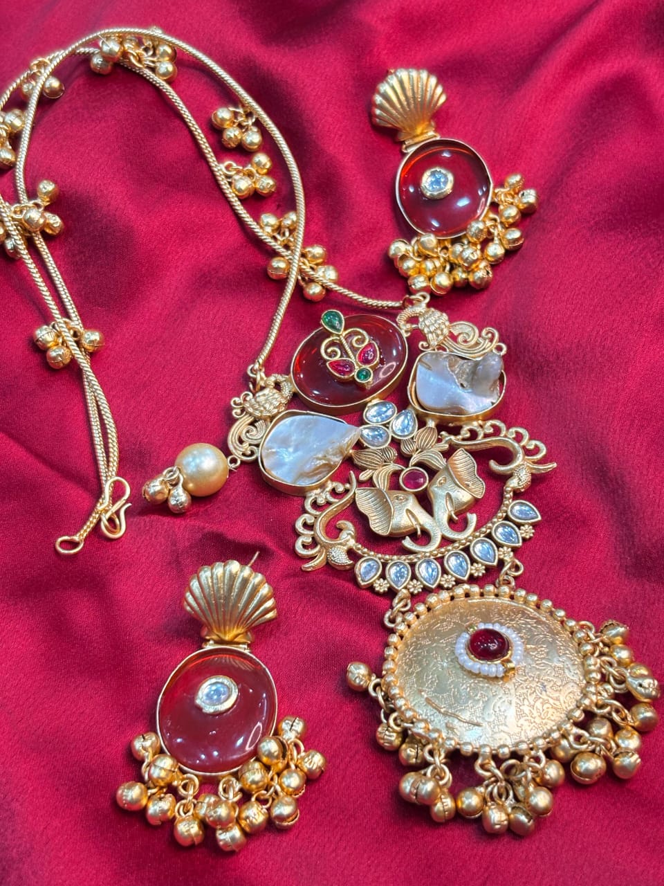 Partywear Designer Brass Base Chain Pendant Set With Earrings with Ghungroo