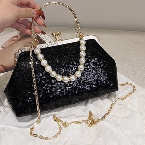 Designer Partywear Black Chain Strap Sequin Faux Pearl Kiss Lock Evening Bag