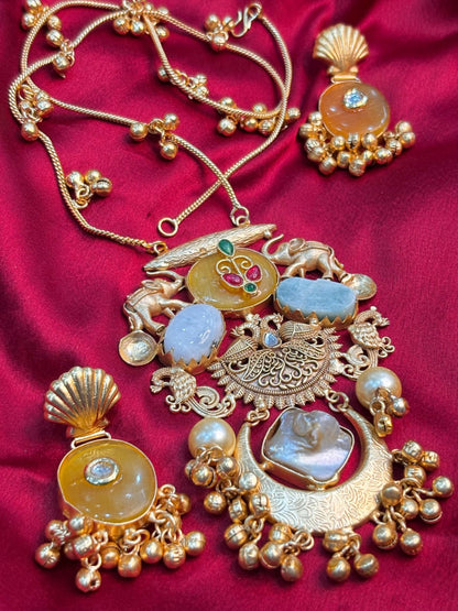 Partywear Designer Brass Base Chain Pendant Set With Earrings with Ghungroo