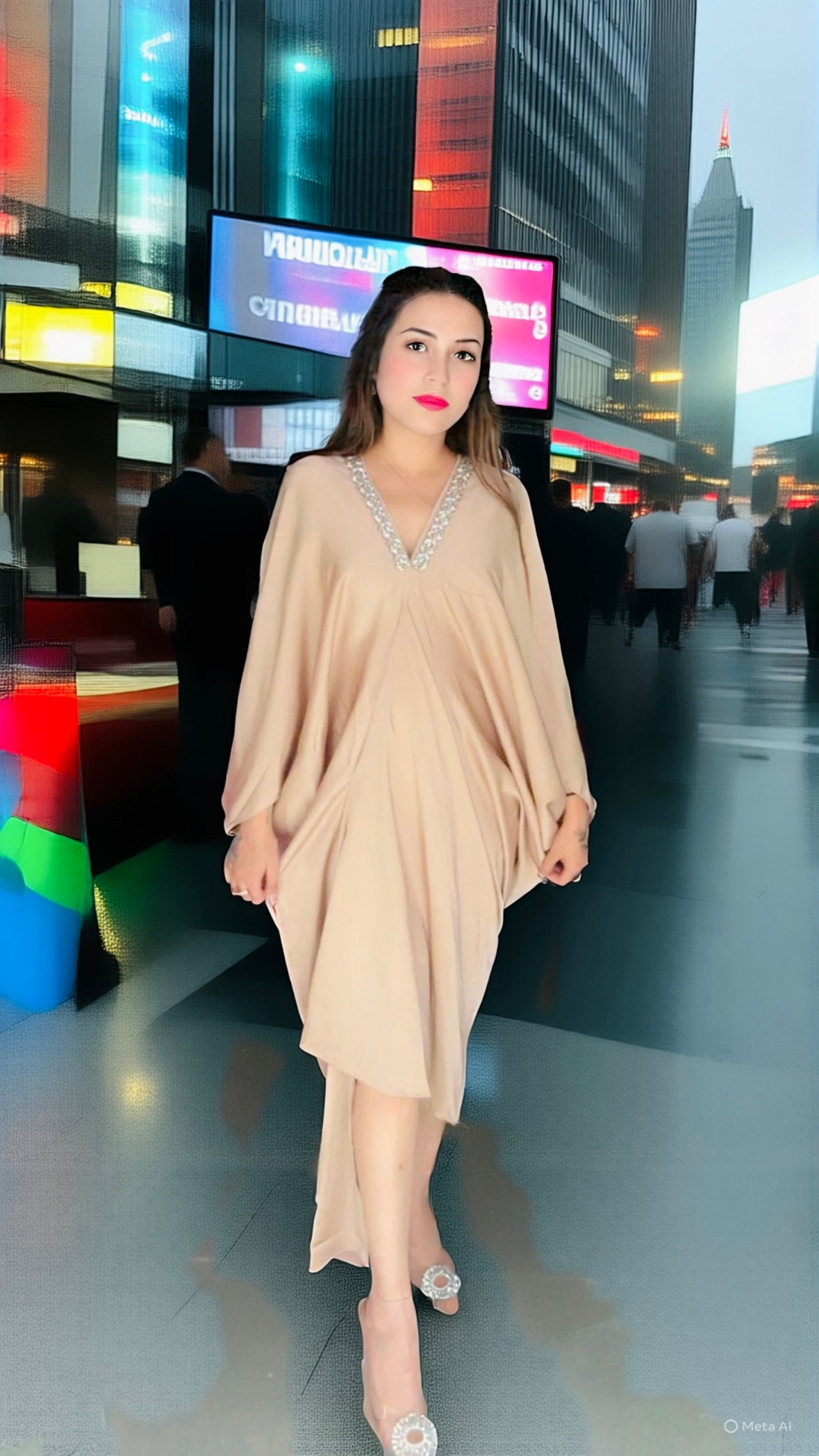 Imported Premium Satin Rhinestone Neckline Kaftan Dress