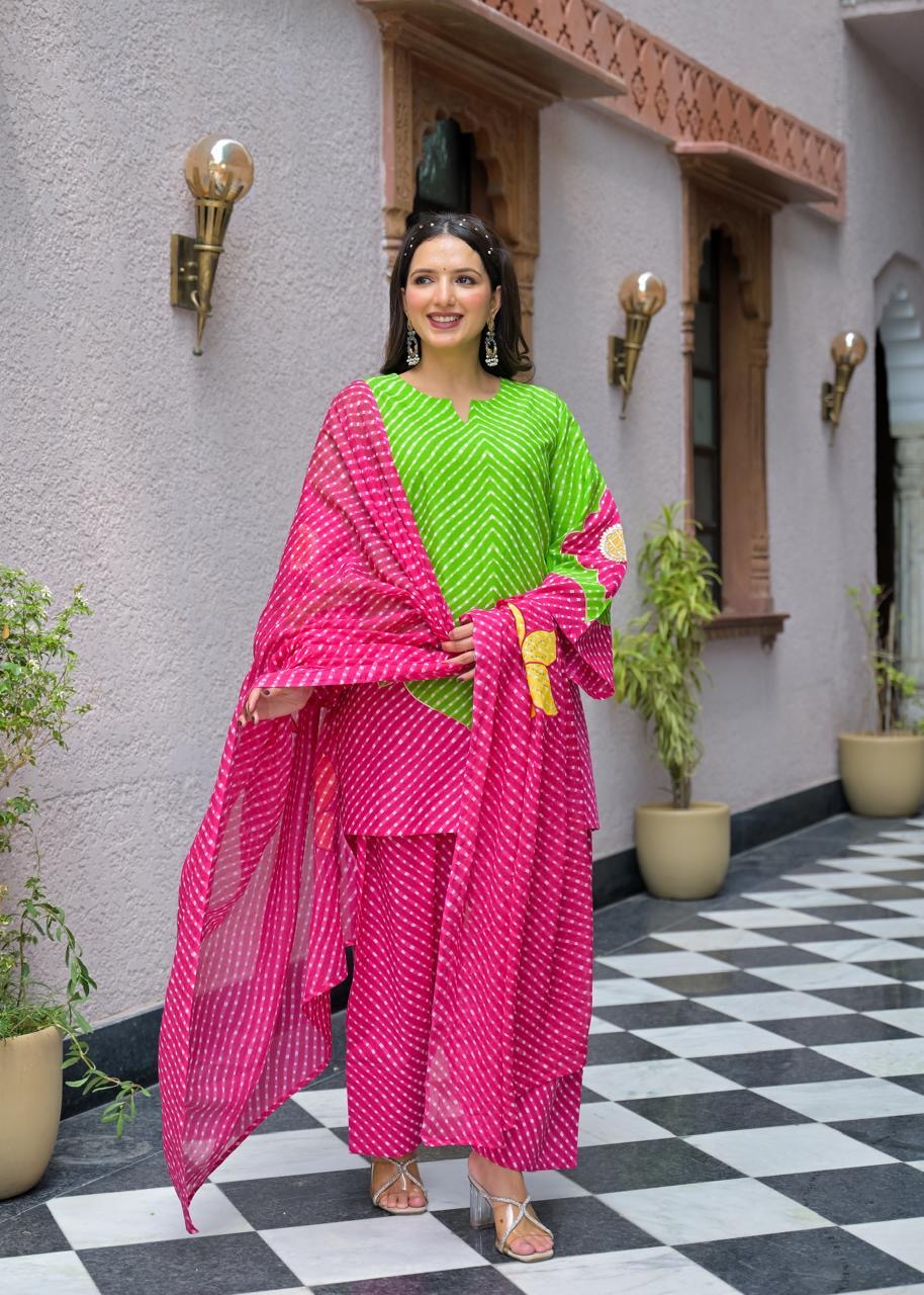 Designer Bandhej Flower Patch Pure Cotton Kurta With Farshi Salwar
