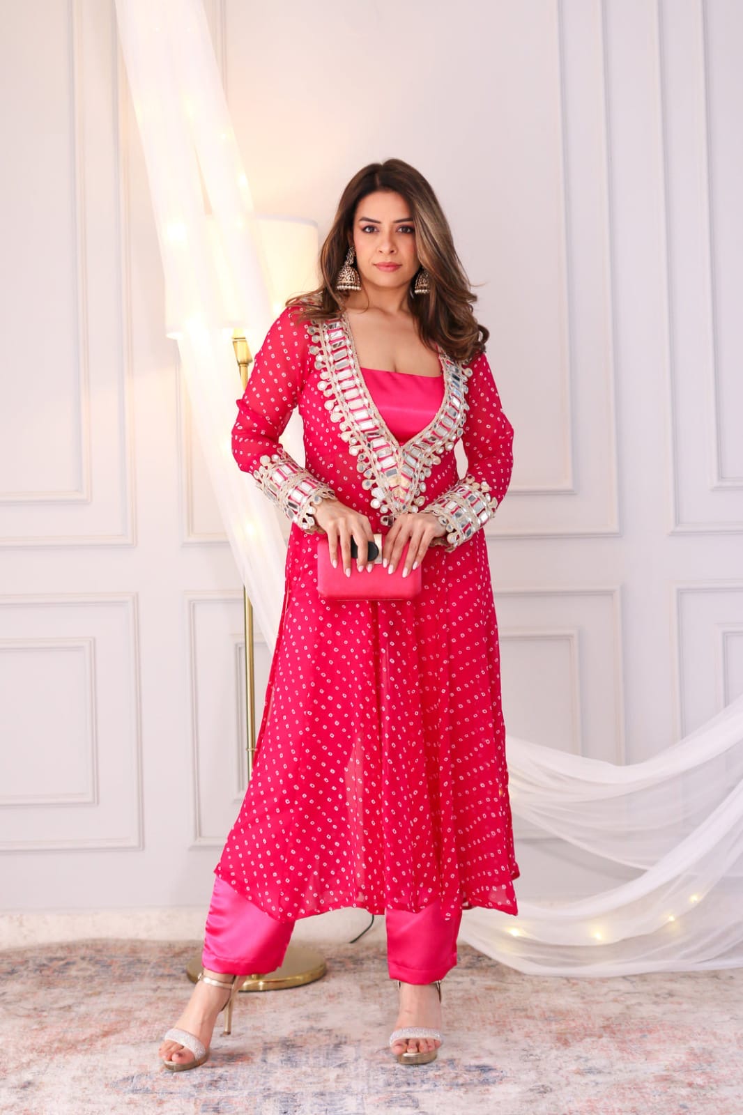 Designer Georgette Bandhani Print Coord Set With Pure Silk Pants