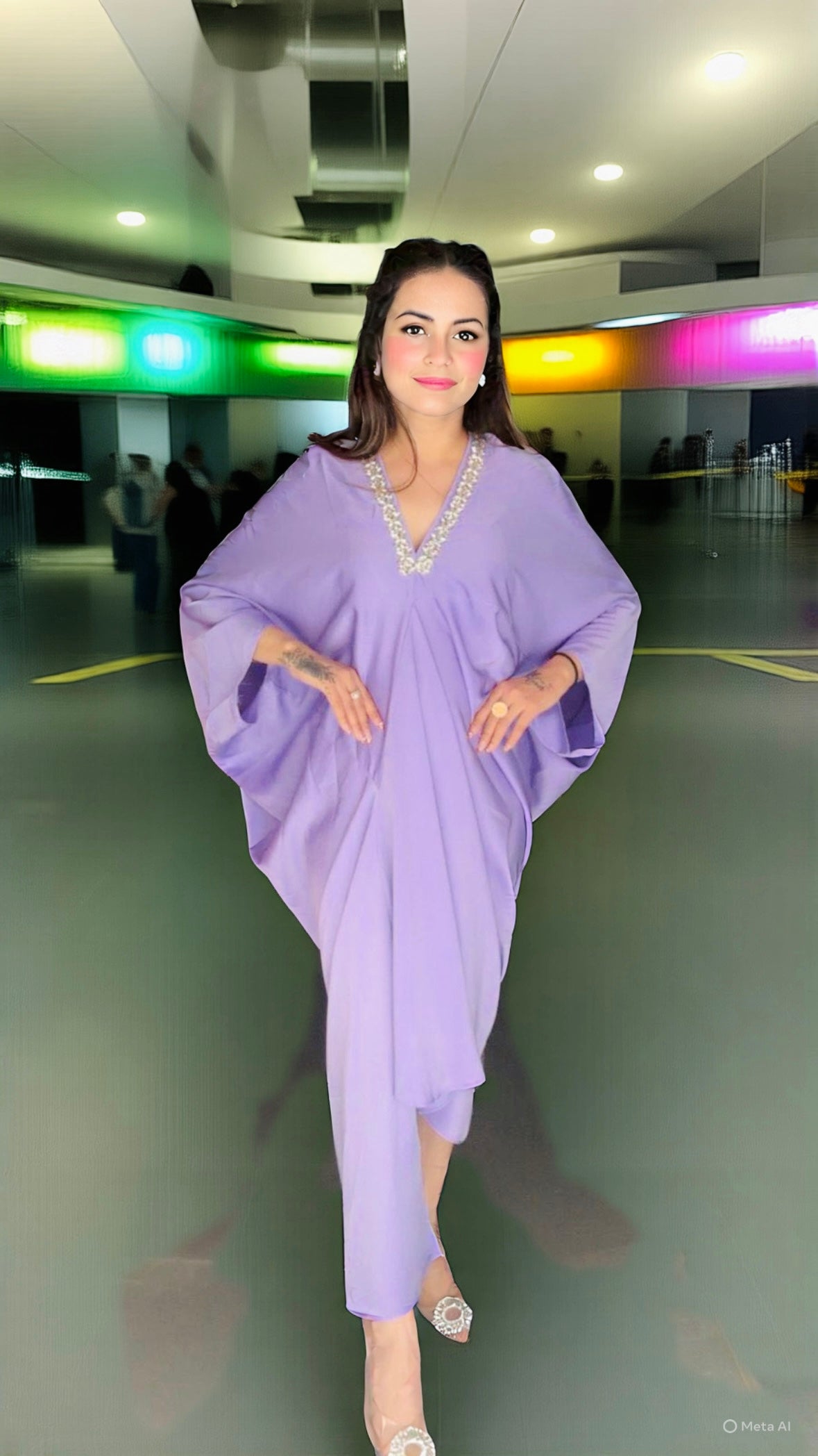 Imported Premium Satin Rhinestone Neckline Kaftan Dress