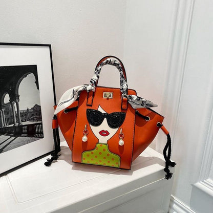 Imported Designer Diva Crossbody Handbag with Graffiti and Silk Scarf