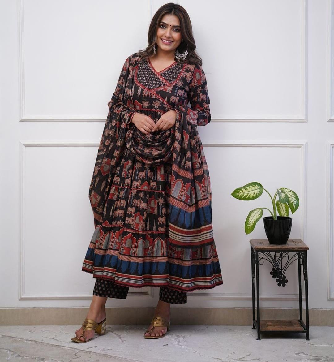 Printed Pure Cotton Anarkali Suit With Dupatta