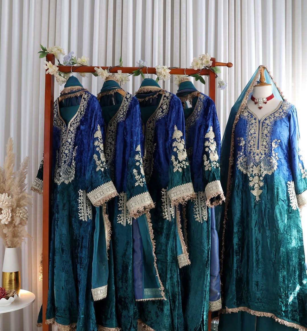 Designer Partywear Premium Dual Shade Velvet Kurta and Pant Set with Dupatta