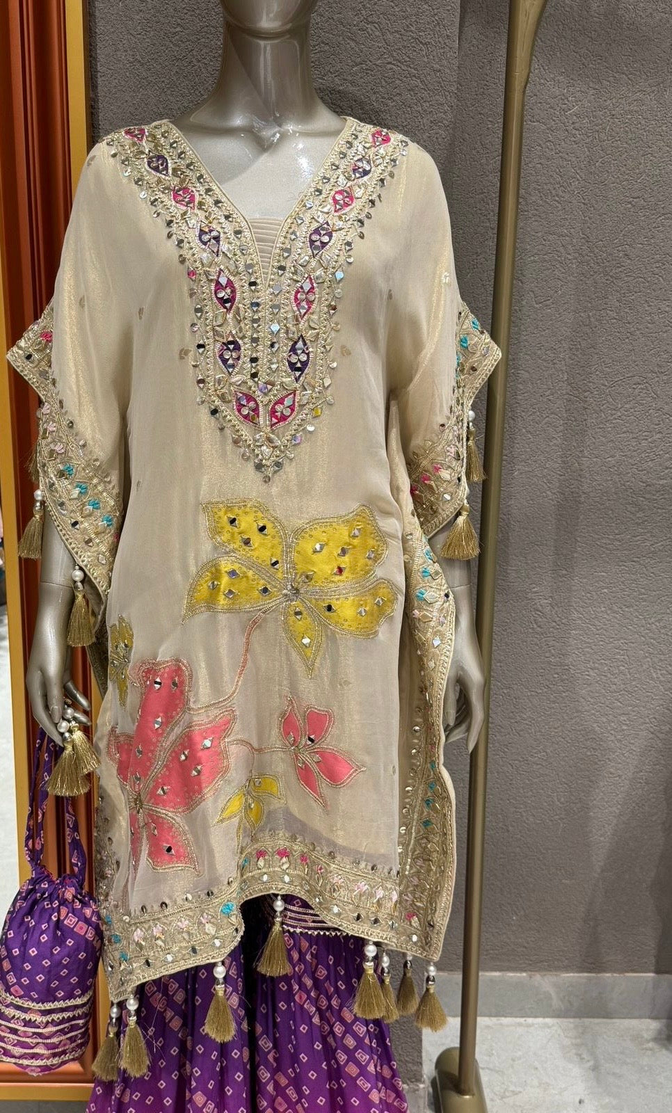 Partywear Designer Banarasi Tissue Kaftan With Gharara