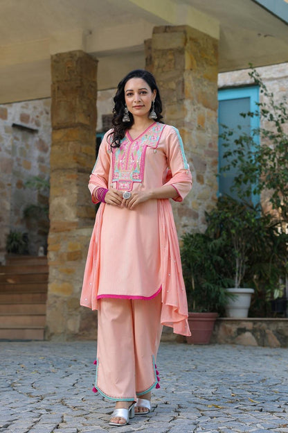 Peach Embroidered Cotton Suit With Complimentary Purse