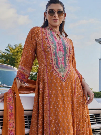 Designer Partywear Orange Floor Length Printed Crepe Anarkali