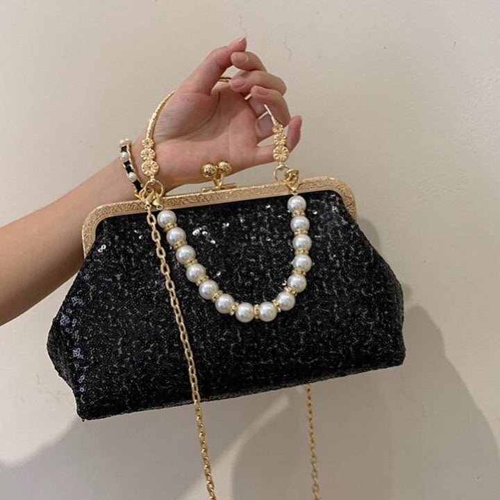 Designer Partywear Black Chain Strap Sequin Faux Pearl Kiss Lock Evening Bag