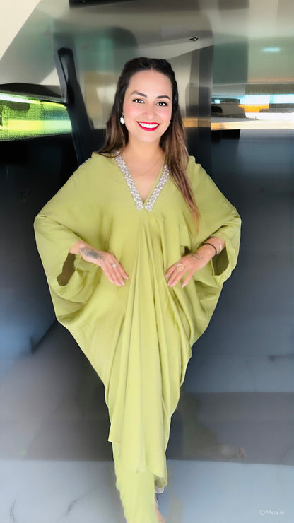 Imported Premium Satin Rhinestone Neckline Kaftan Dress