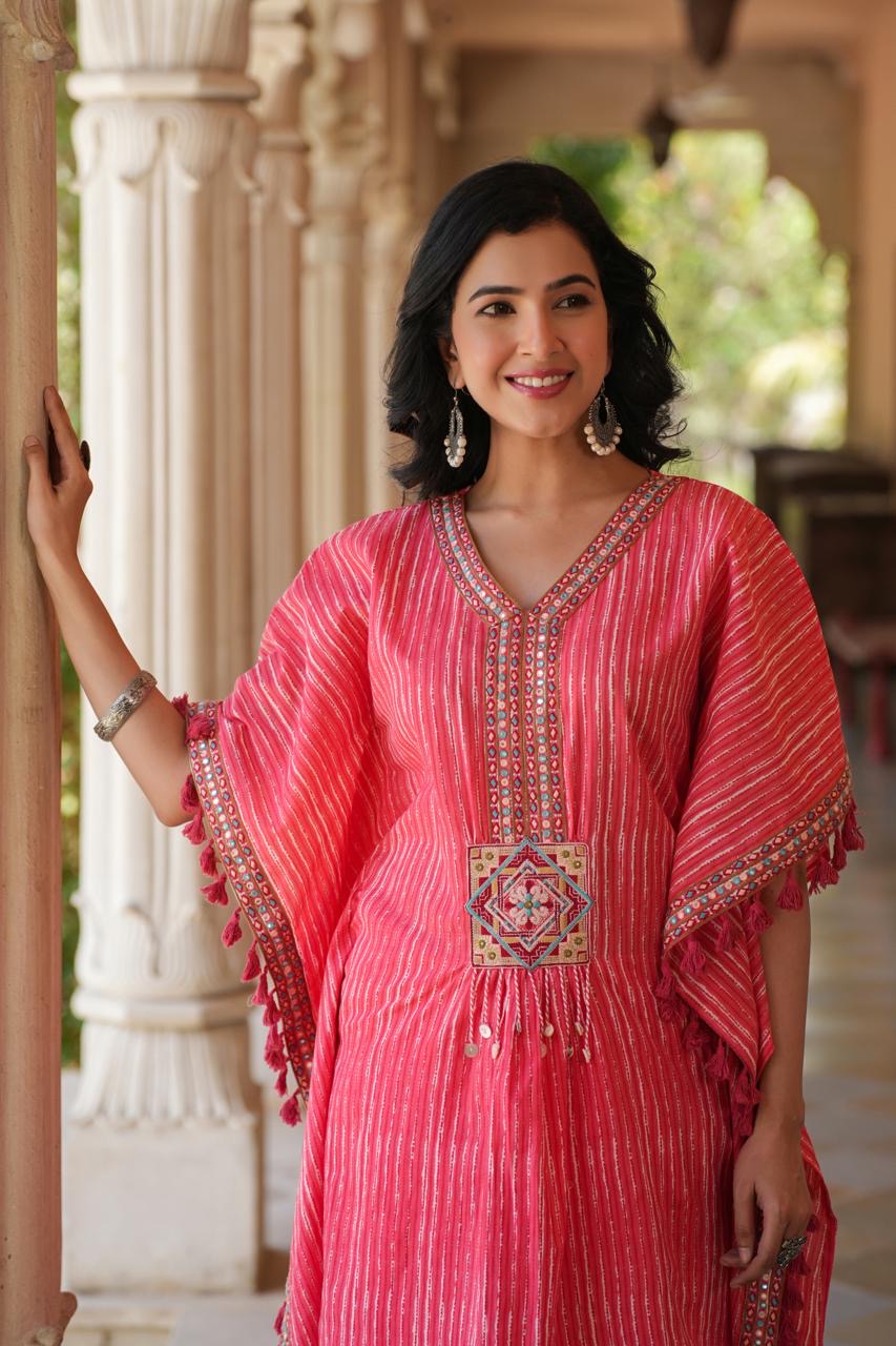 Fine Linen Cotton Embroidered Kaftan Style Coord Set