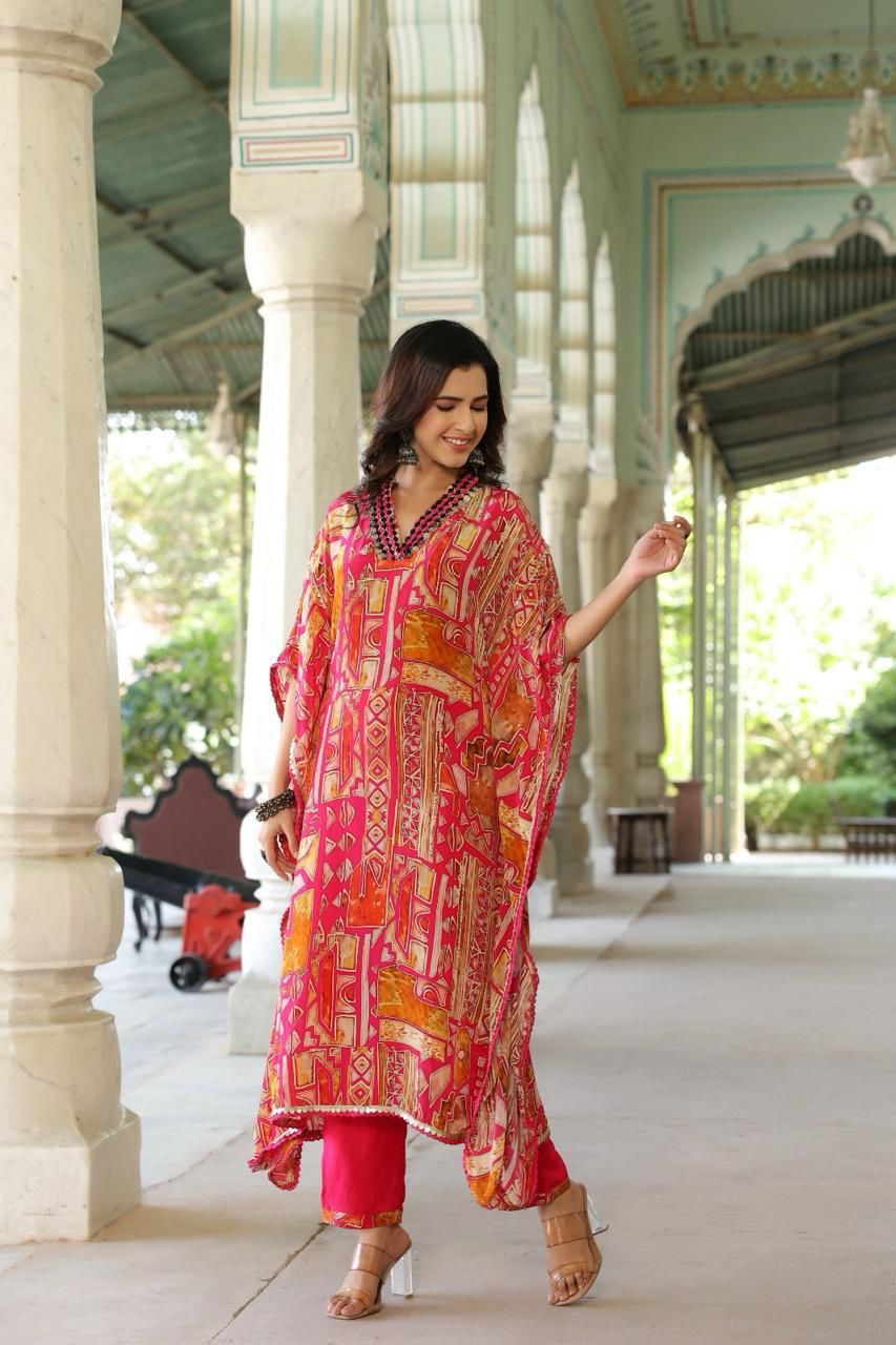 Pure Crepe Magenta Printed Kaftan Suit