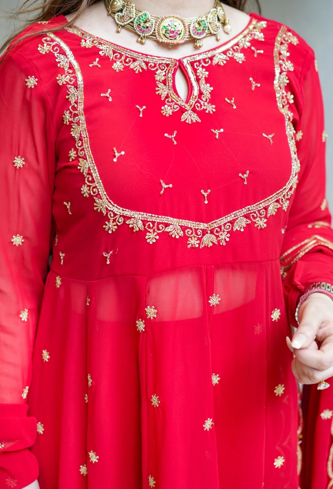Red Designer Partywear Georgette Anarkali Suit With Hand Work