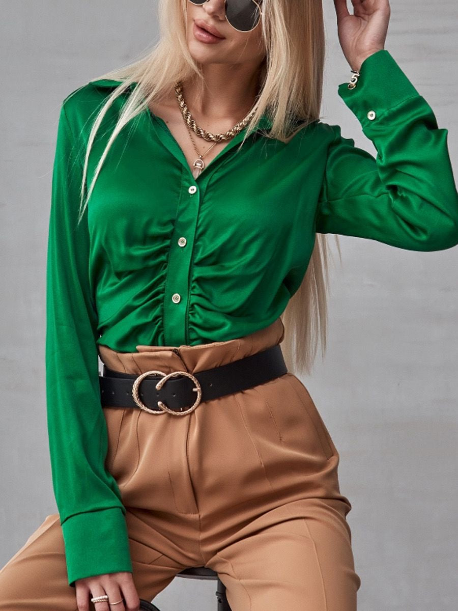 Satin Ruffle Button Down Collared Long Sleeved Shirt