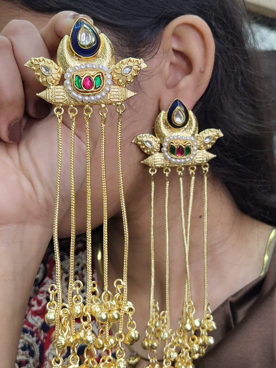 Partywear Designer Gold Polish Viral Kashmiri Earrings