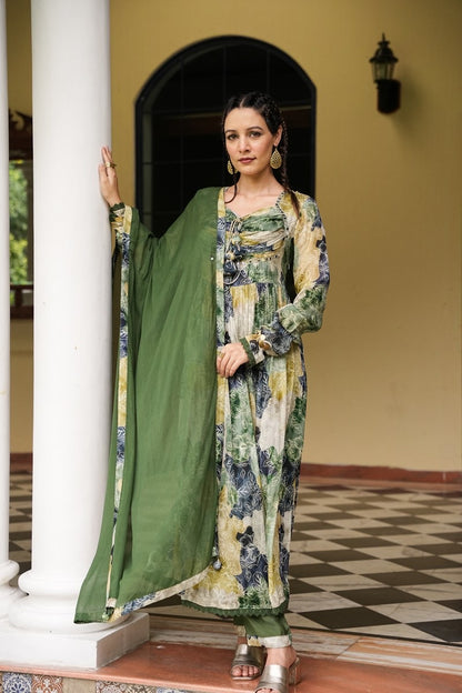 Mehendi Green Digital Print Chinon Nyra Cut Kurti Pant Set With Dupatta