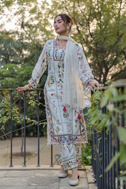 Cotton Linen Kurta Pant Set with Embroidery