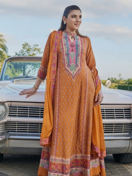 Designer Partywear Orange Floor Length Printed Crepe Anarkali