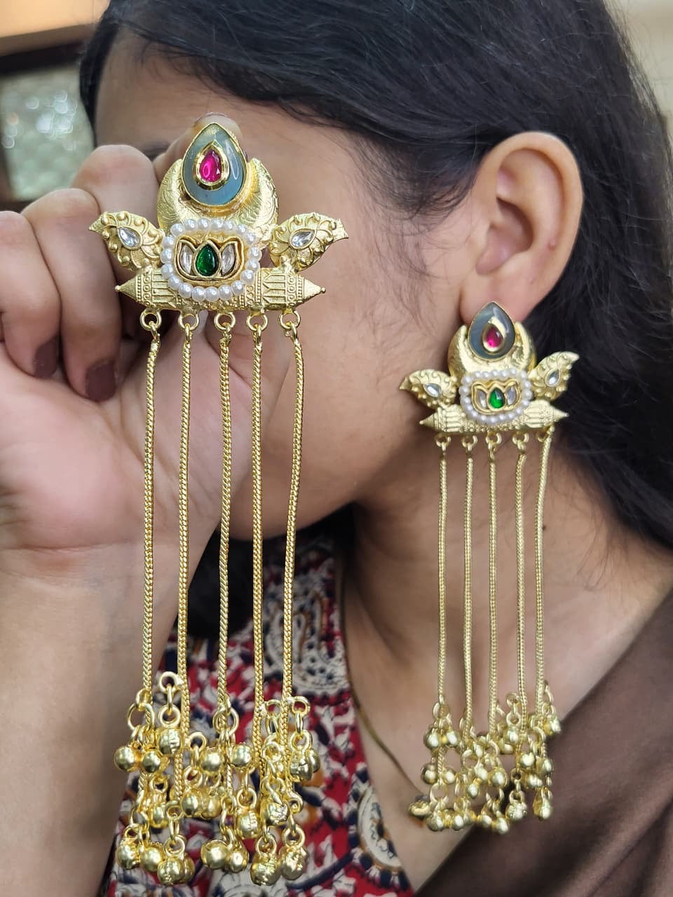 Partywear Designer Gold Polish Viral Kashmiri Earrings