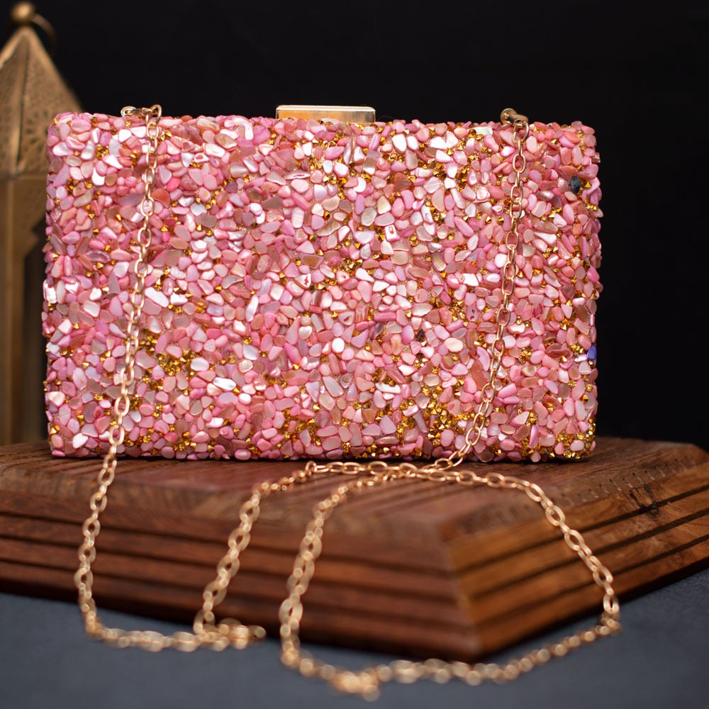 Pink Gravel Stoned Metallic Evening Bag