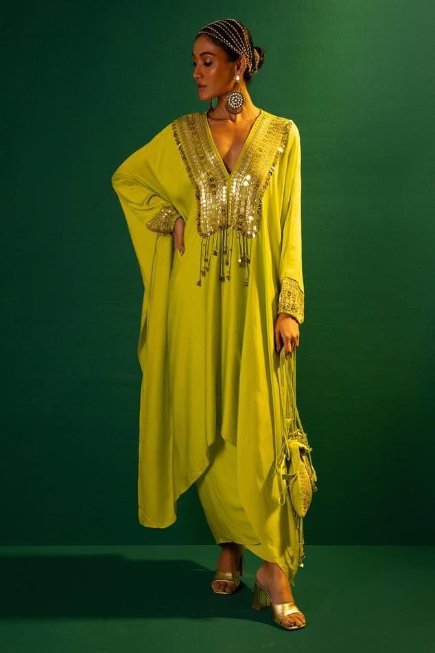 Neon Green Satin Crepe Kaftan Set With Zari Embroidery, Sequins Work And Matching Potli