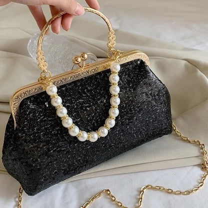 Designer Partywear Black Chain Strap Sequin Faux Pearl Kiss Lock Evening Bag