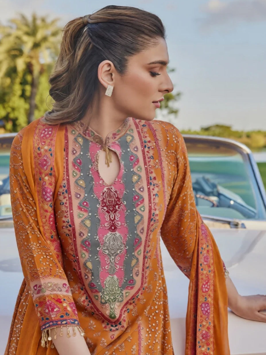 Designer Partywear Orange Floor Length Printed Crepe Anarkali