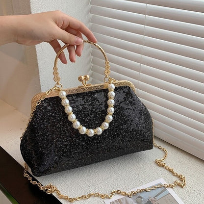 Designer Partywear Black Chain Strap Sequin Faux Pearl Kiss Lock Evening Bag