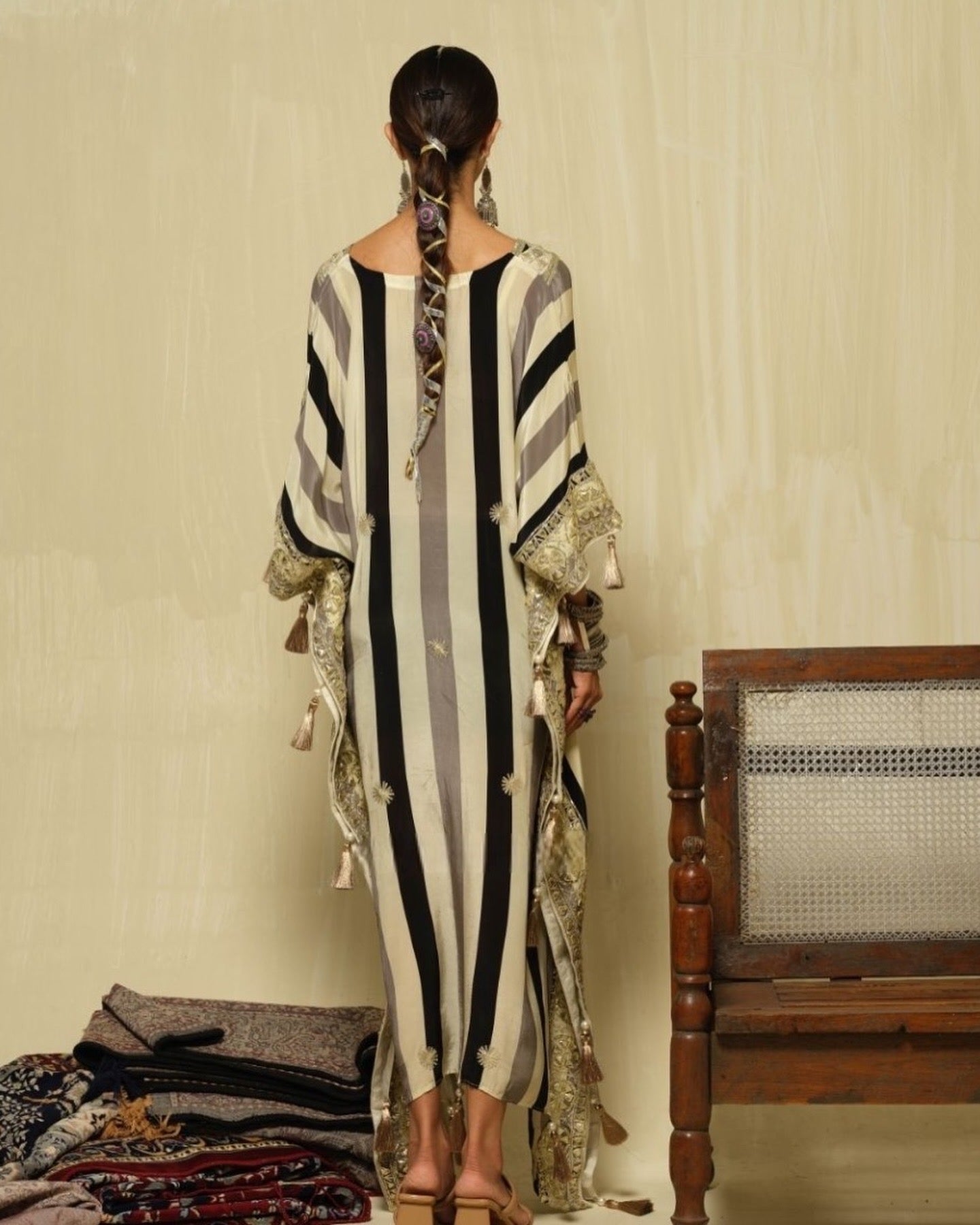 Partywear Designer Stripes Heavy Gota Embroidered Pure Crepe Kaftan set