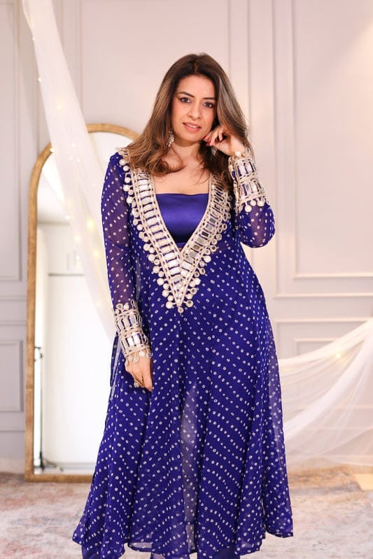 Designer Georgette Bandhani Print Coord Set With Pure Silk Pants