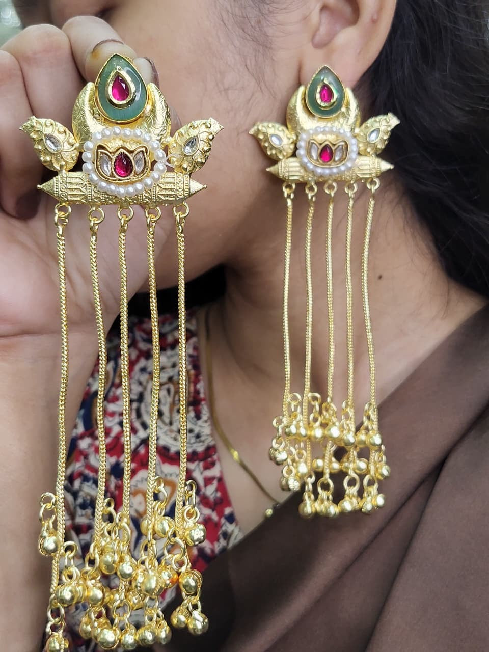 Partywear Designer Gold Polish Viral Kashmiri Earrings