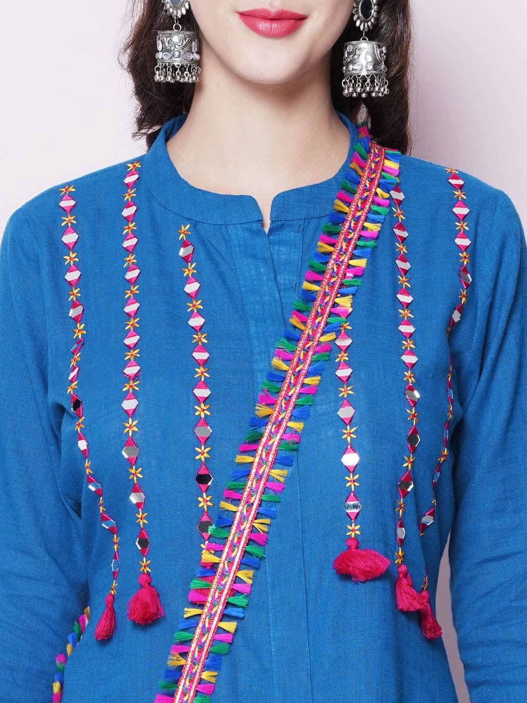 Blue Designer Mirror Work Embroidered Tunic With Dhoti Pants & Sling Potli