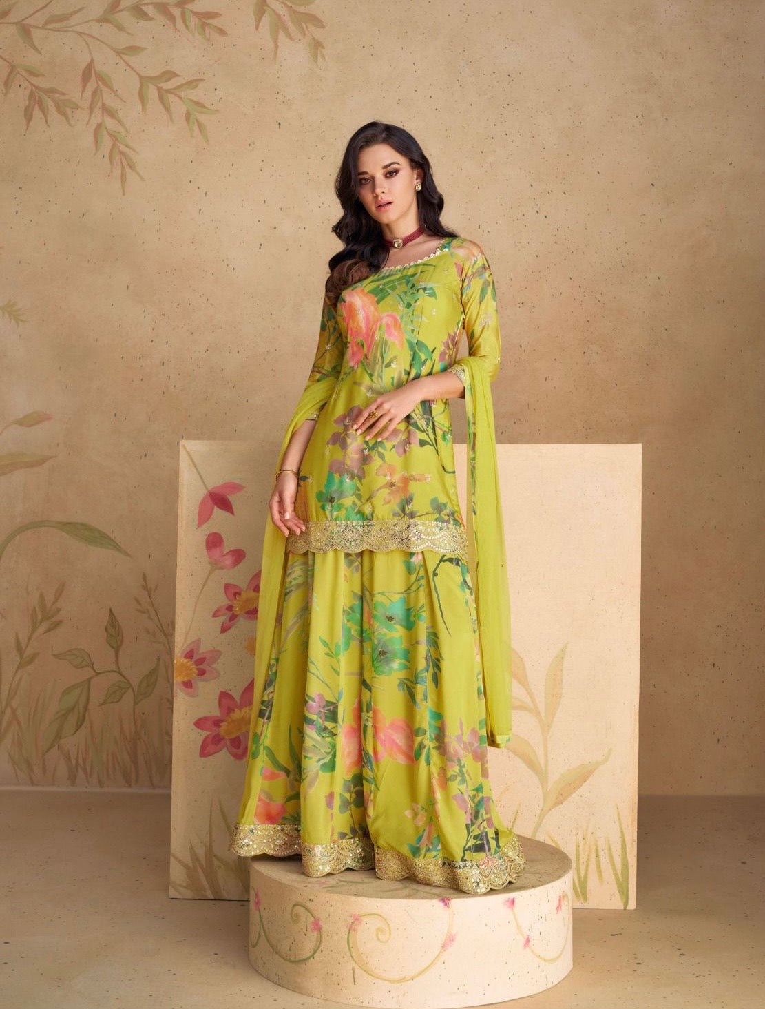 Digital Print pure chinon silk sharara suit