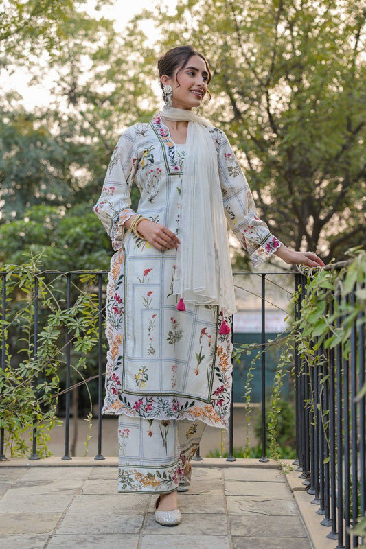 Cotton Linen Kurta Pant Set with Embroidery