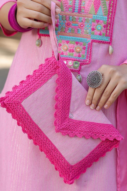 Pink Embroidered Cotton Suit With Complimentary Purse