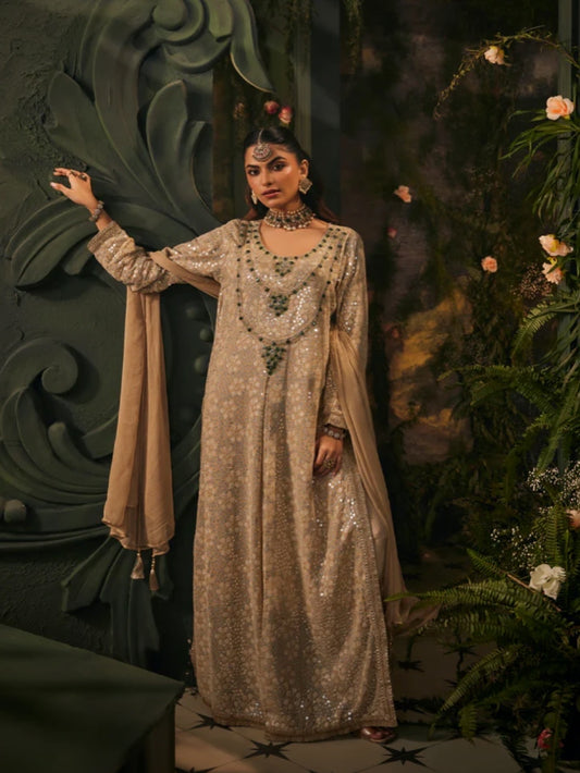 Designer Partywear Champagne Embellished Pakistani Suit Set/Long Kaftan l