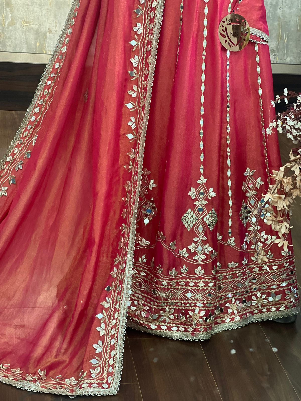 Red Designer Partywear Shimmer Tissue Anarkali Suit With Gota Patti And Mirror Work