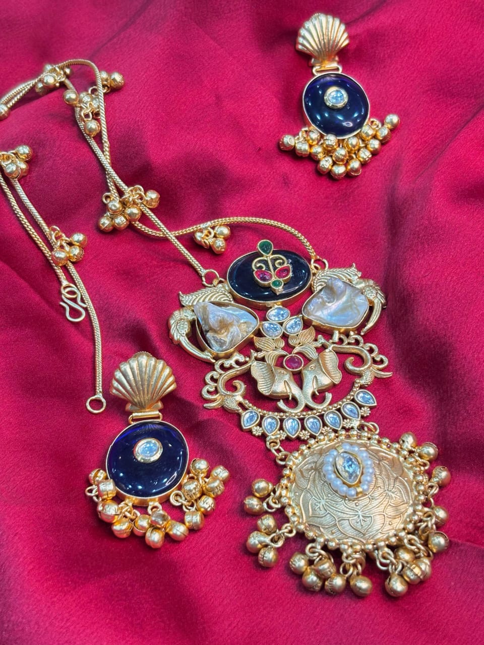 Partywear Designer Brass Base Chain Pendant Set With Earrings with Ghungroo